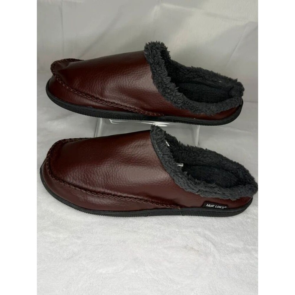 Muk Luks Men’s Faux Leather Slippers Brown Sherpa Lined Moccasin Medium 10-11